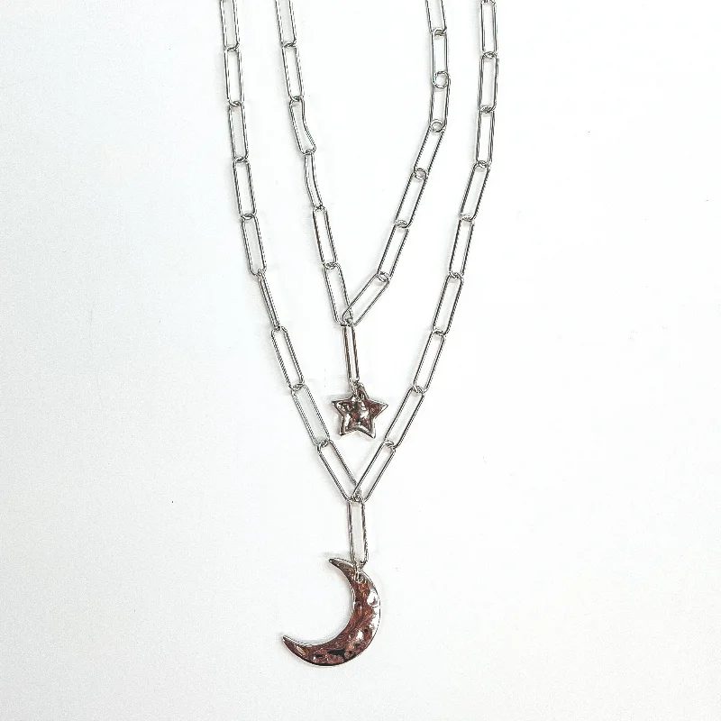 Night Wishes Double Layered Paperclip Chain with Star and Moon Pendant in Silver