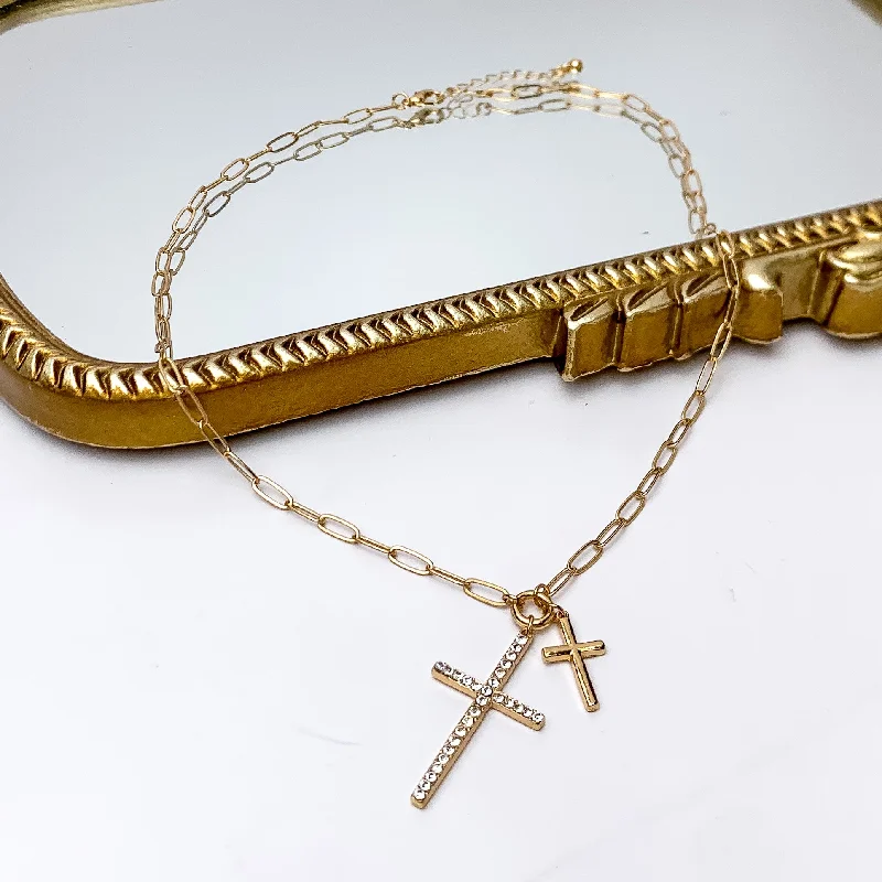 Gold Tone Double Cross Chain Necklace With Clear Crystals