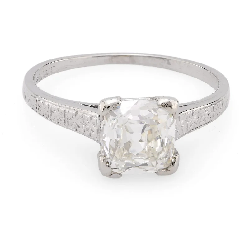 Art Deco GIA 1.51 carat cushion cut platinum solitaire engagement ring