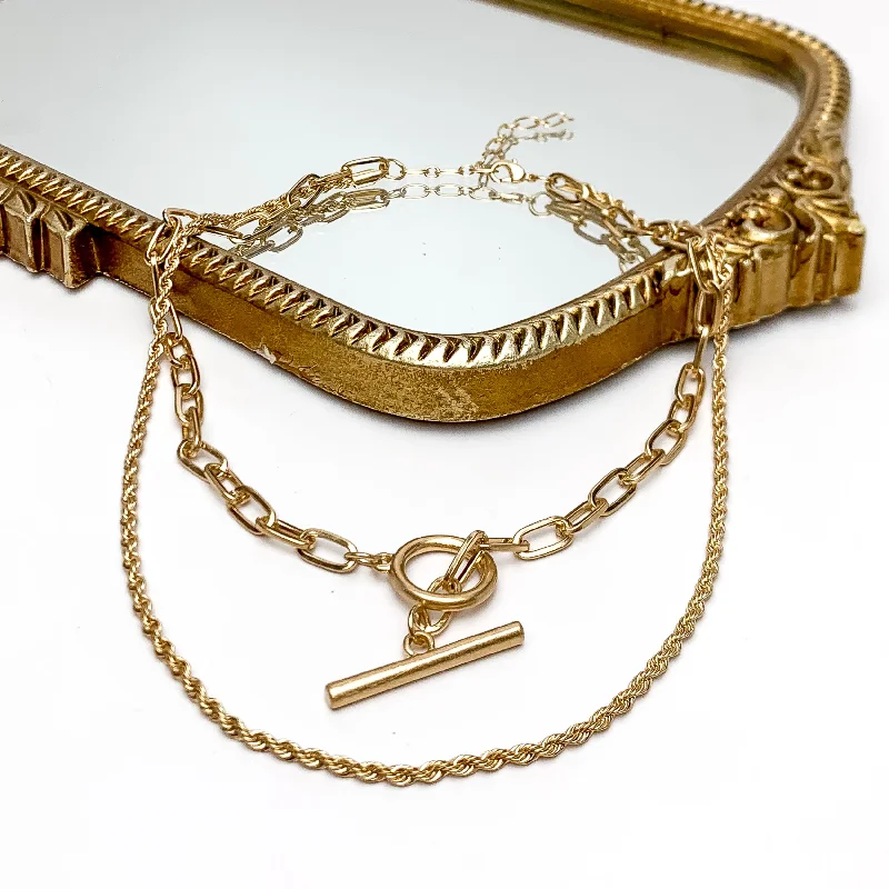 Tiki Gold Double Chain Necklace With Front Toggle