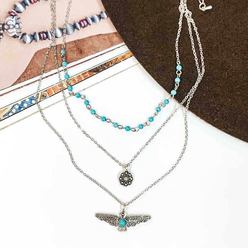 Set Me Free Three Layered Silver Necklace with Turquoise Beaded Chain and Thunderbird Pendant