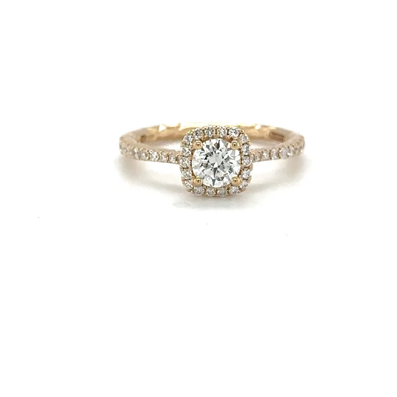 14 Karat Yellow Gold Cushion Diamond Halo Engagement Ring