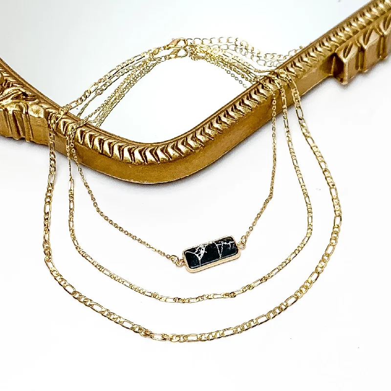 Black Stone Pendant Gold Tone Chain Three layered Necklace