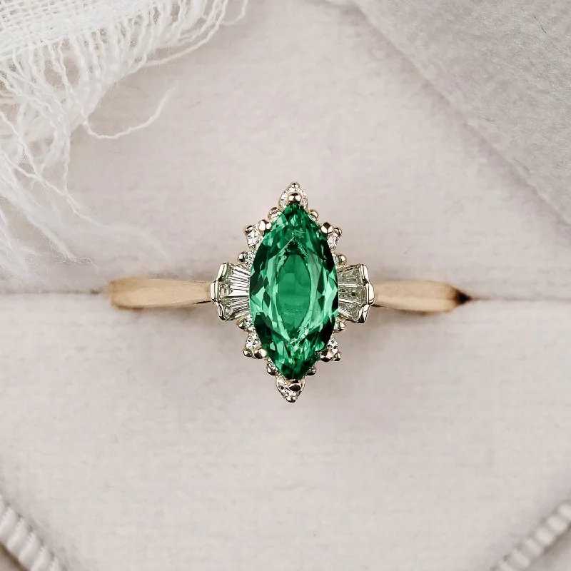 The Verdeline -  Green Emerald Marquise Engagement Ring with Natural Diamond Halo