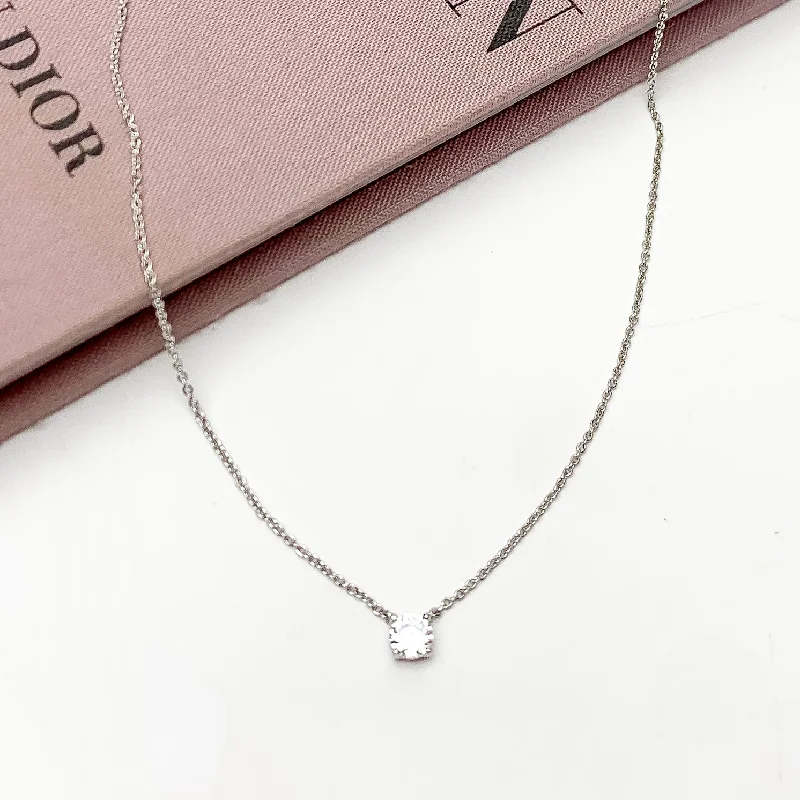 Silver Tone Simple Necklace With Clear Crystal