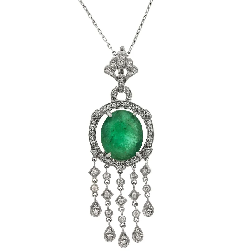 Ladies Vintage Estate 18K White Gold 6.63ctw Emerald Diamond Dangling Necklace