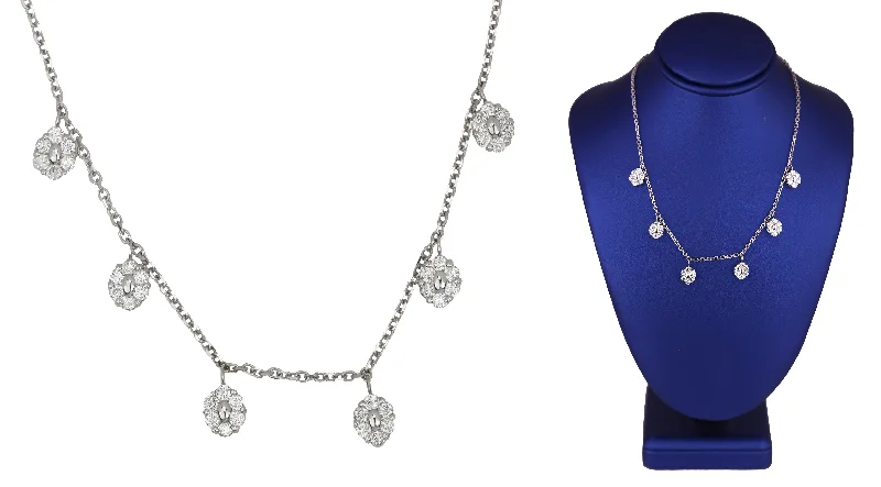 Women's Modern 14K White Gold 1.80ctw Diamond Floral Dangling Station Necklace