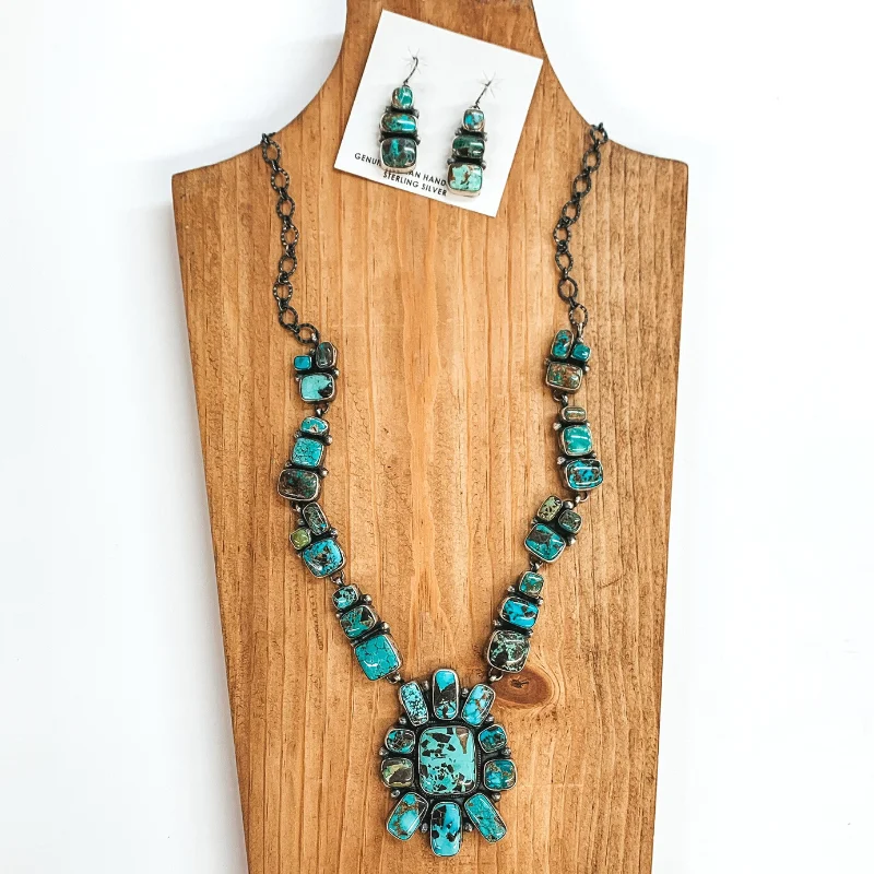 Jeff James | Navajo Handmade Sterling Silver & Kingman Turquoise Square Cluster Statement Necklace + Matching Earrings