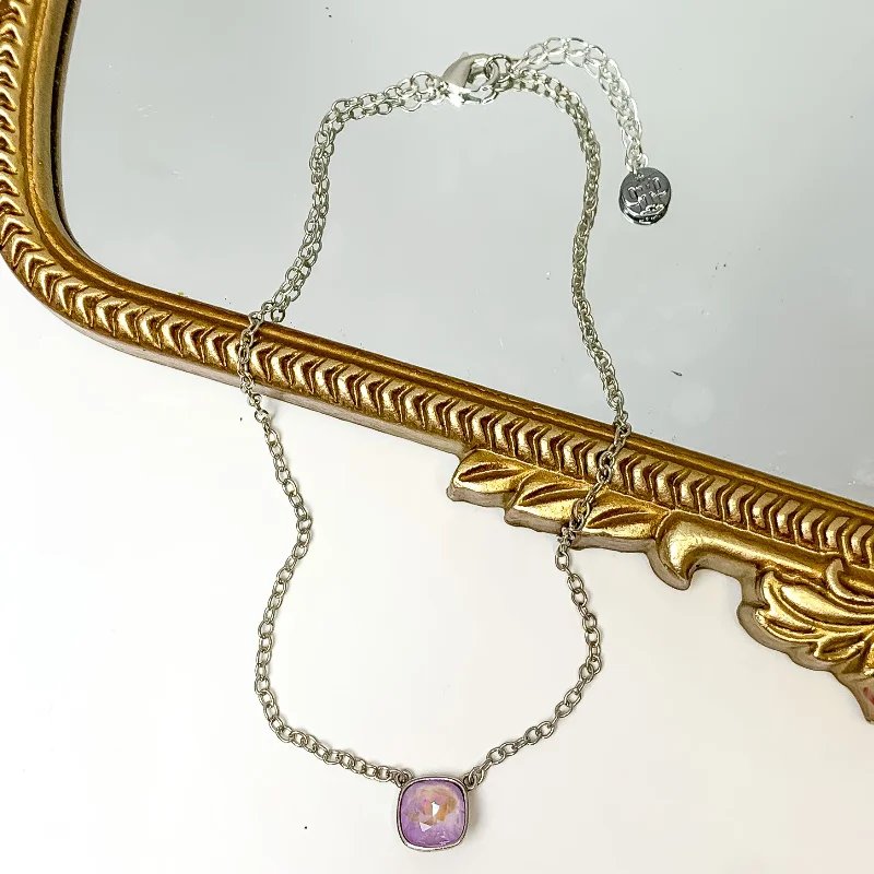 Pink Panache | Silver Tone Chain Necklace with Lavender Cushion Cut Crystal