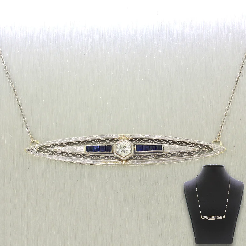 1920s Antique Art Deco 14k Gold 0.25ct Diamond & Sapphire Bar Necklace