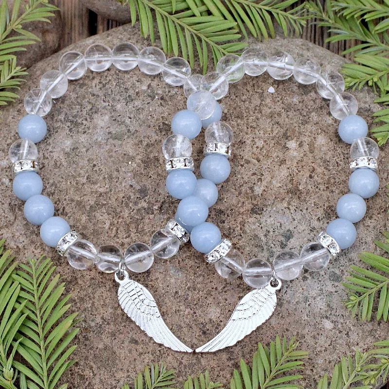 Angelite and Quartz Bracelet with Wing Charm