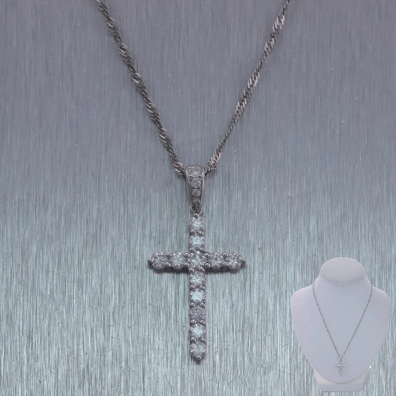 Modern 14k White Gold 1ctw Diamond Cross Pendant 18" Necklace