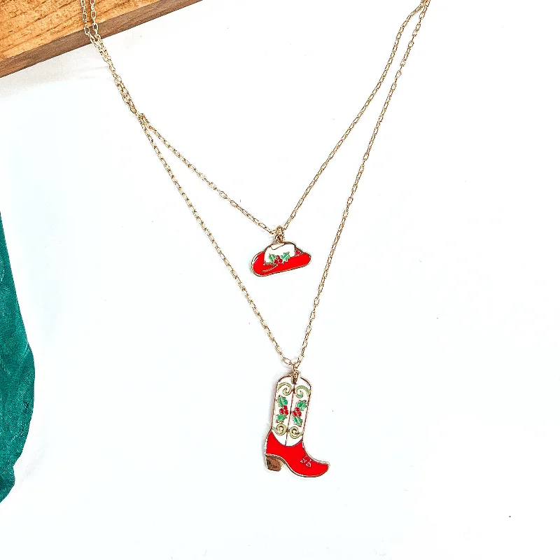 Away For The Winter Double Strand Gold Tone Necklace with Hat and Boot Mistletoe Print Pendant in Red and White