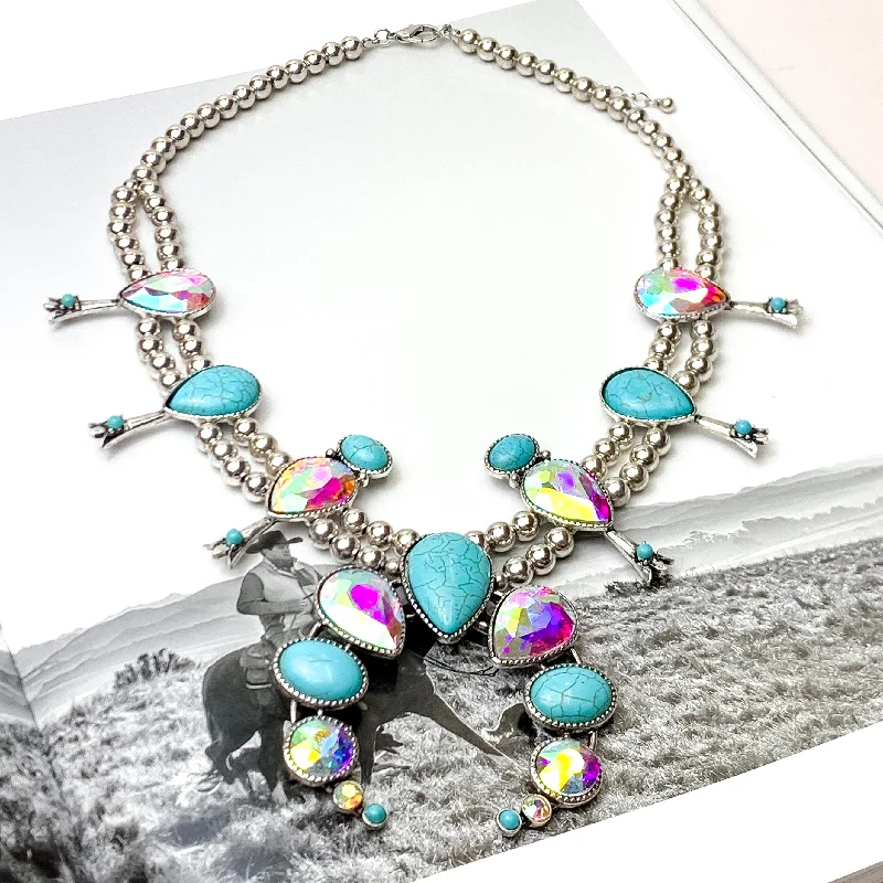 Double Strand Beaded Squash Blossom Necklace and Naja Pendant with Faux Turquoise Stones and AB Crystals