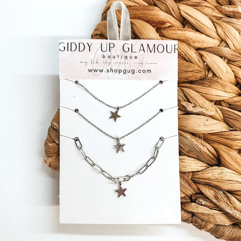 Set of Three | Silver Chain Necklace Set with Star Charms