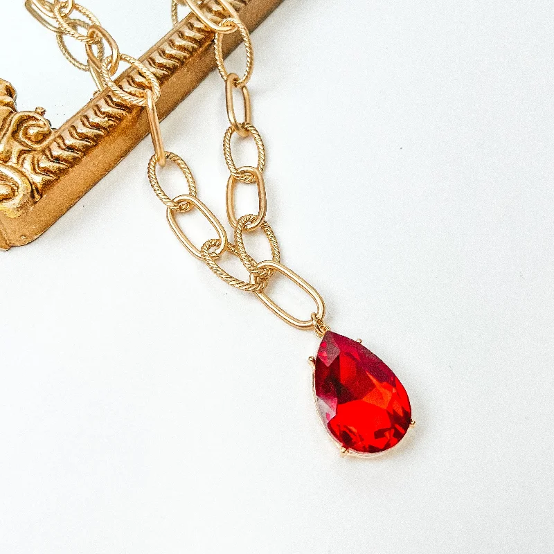 Pink Panache | Gold Tone Large Link Chain Necklace with Large Red Crystal Teardrop