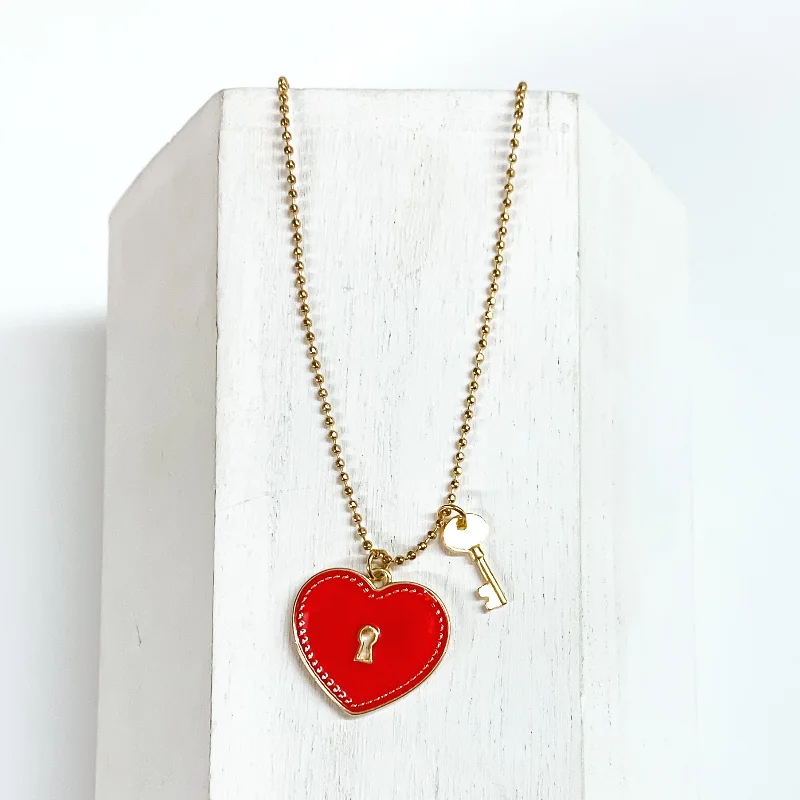 Key to My Heart Gold Tone Necklace with Gold Tone Key Charm and Red Heart Pendant