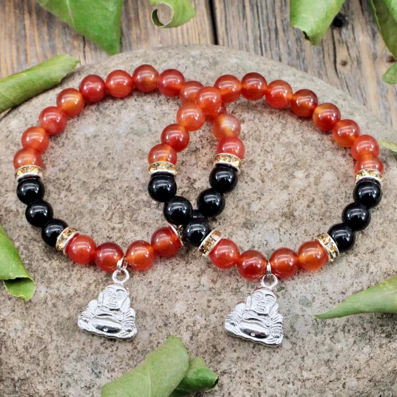 Carnelian and Black Onyx Bracelet with Buddha Charm - 8mm