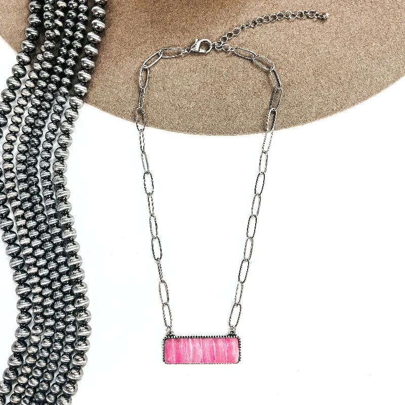 Let's Link Up Silver Tone Chain Necklace with Rectangle Agate Stone Pendant in Pink