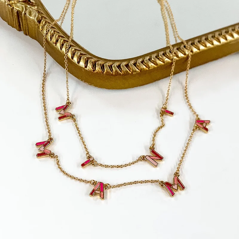 MAMA + MINI Chain Necklace Set in Gold Tone and Pink Mix