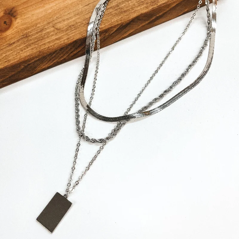 Three Strand Multi Chain Necklace Set with Rectangle Pendant in Silver Tone