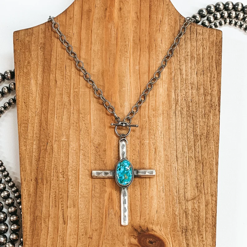 BS | Navajo Handmade Sterling Silver Chain Necklace and Cross Pendant with Turquoise Stone and Toggle Clasp