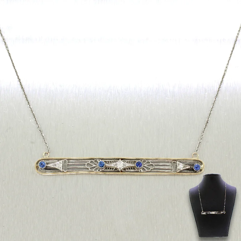 Vintage Estate 14k Gold 0.10ctw Diamond & Tanzanite Bar Necklace