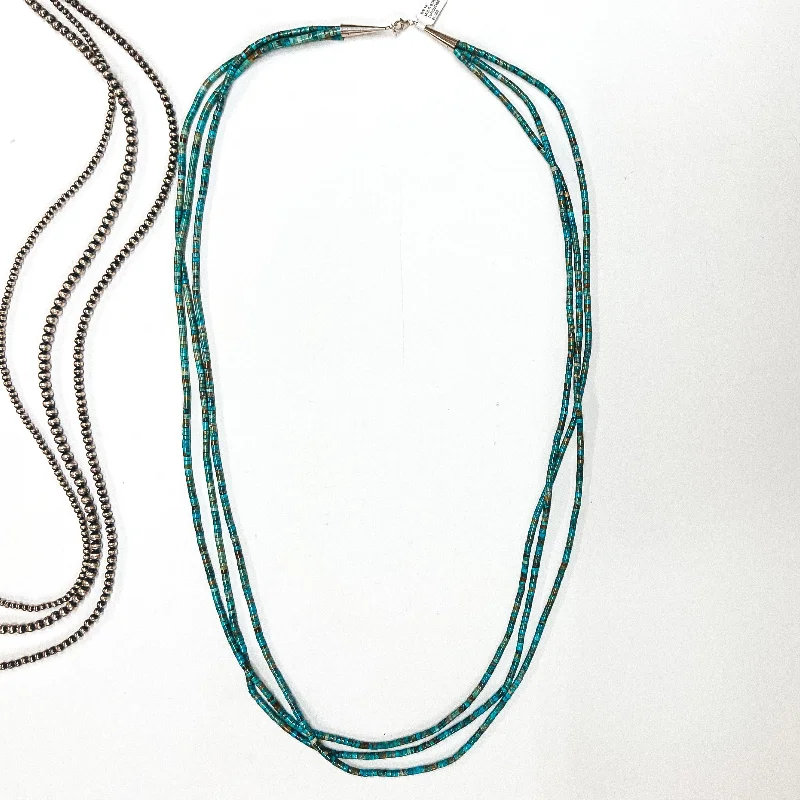 Corina Smith | Navajo Handmade Three Strand Kingman Turquoise Bead Necklace | 42 Inches