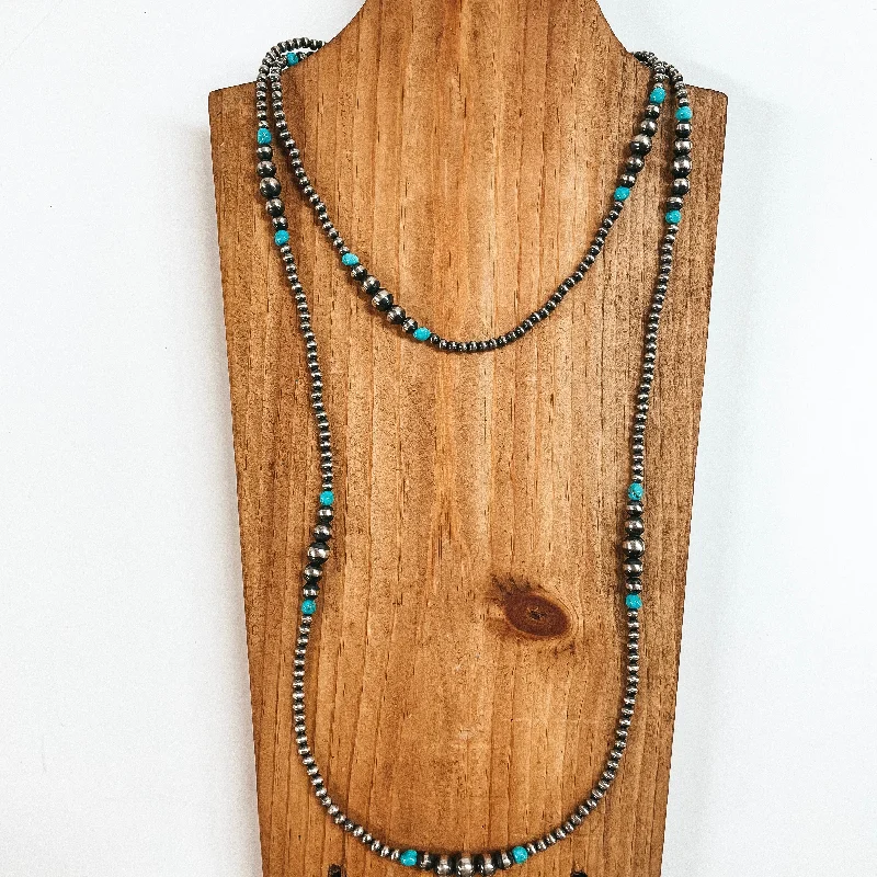 Navajo | Navajo Handmade Sterling Silver Graduated Navajo Pearl Necklace with Turquoise Beads