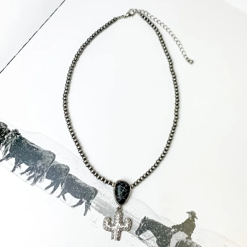 Cactus Queen Faux Navajo Silver Tone Necklace with Stone in Black