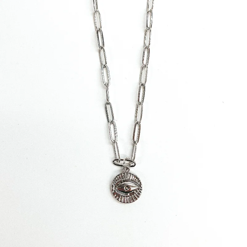 Paperclip Chain with Evil Eye Circle Pendant in Silver