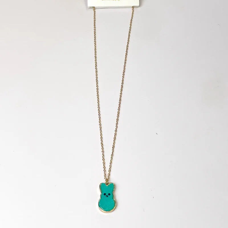 Gold Chain Necklace with Bunny Pendant in Green