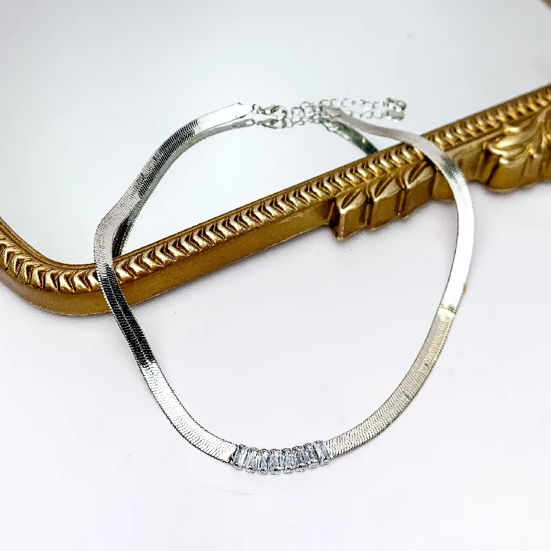 Silver Tone Chain Necklace With Rectangle Clear Crystals