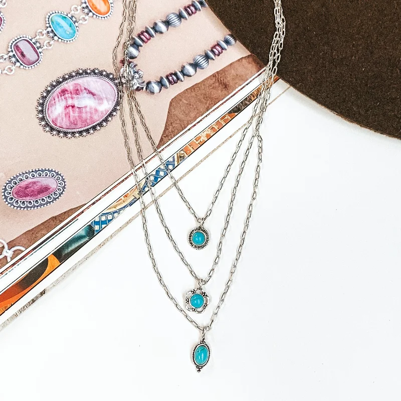 Yours For The Weekend Three Layered Silver Necklace with Turquoise Stone Pendants