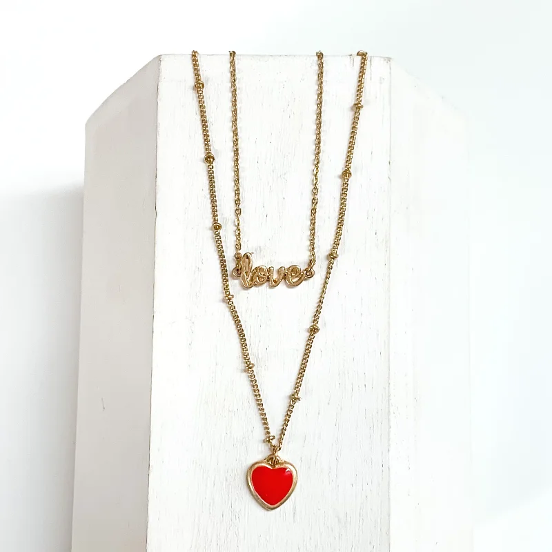 Two Strand LOVE Necklace with Red Heart Charm in Gold