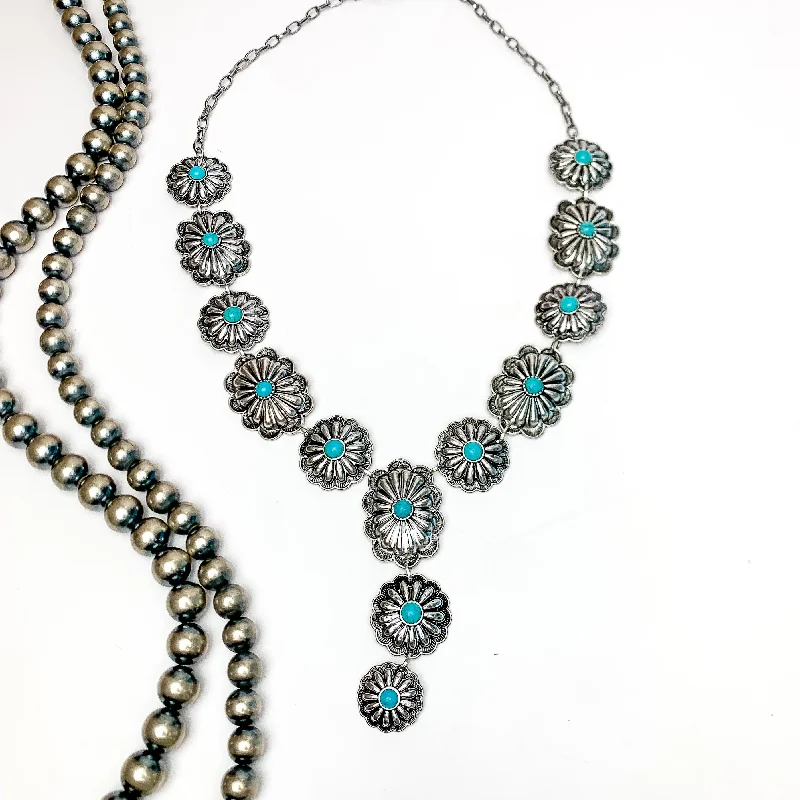 Western Silver Tone Y Necklace With Turquoise Stones