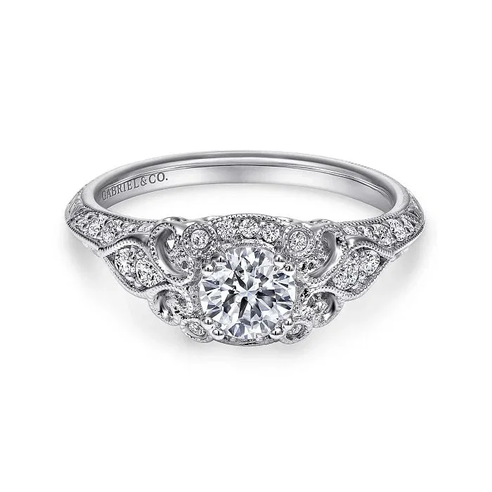 Abel - Unique 14K White Gold Vintage Inspired Diamond Halo Engagement Ring