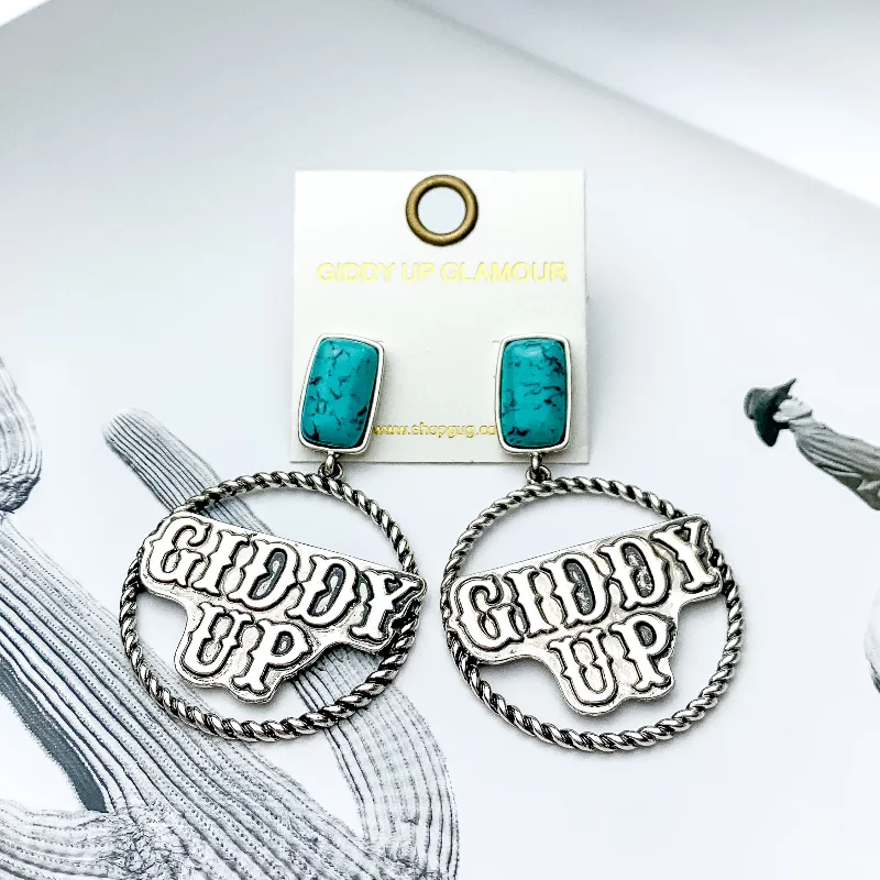 Square Faux Turquoise Post Back Earrings with Giddy Up Silver Tone Hoop