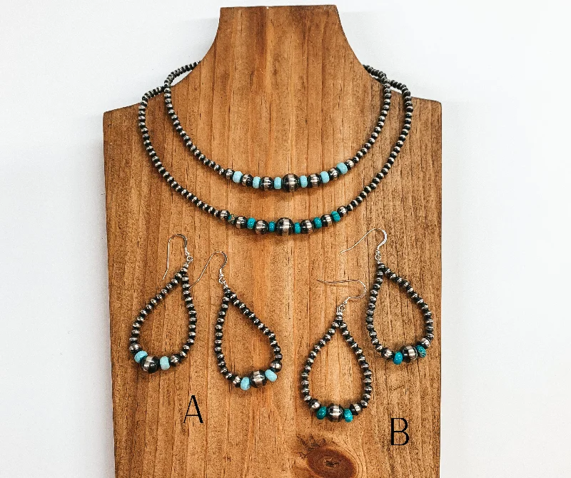 Navajo |  Navajo Handmade Sterling Silver Navajo Pearl Necklace  with Turquoise Beads + Matching Earrings