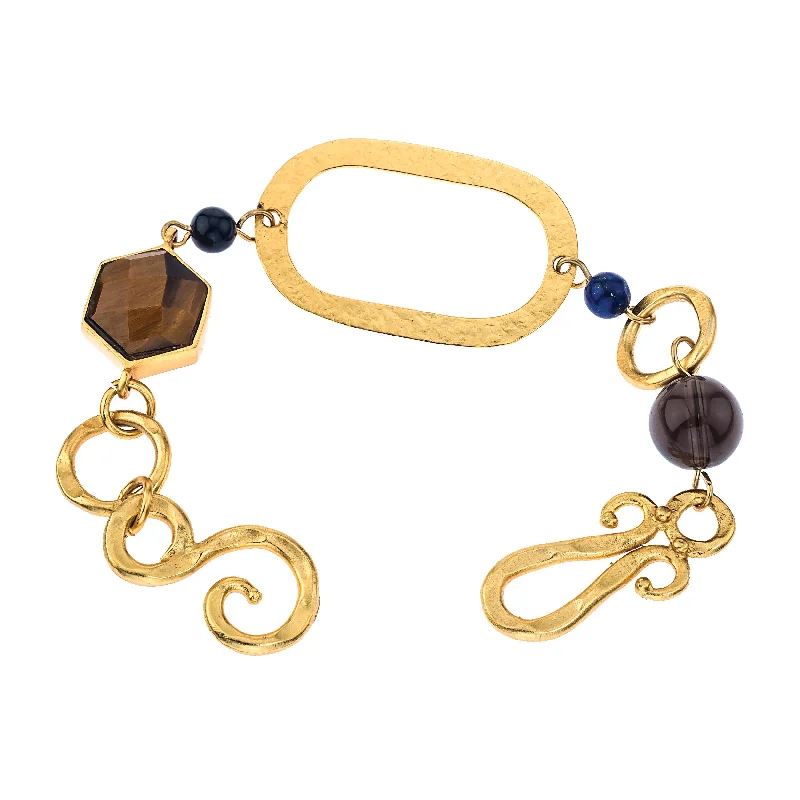 Peace Bracelet In Tigers Eye Hexagon, Black Onyx Sphere, Blue Lapis Sphere and Smoky Topaz Sphere