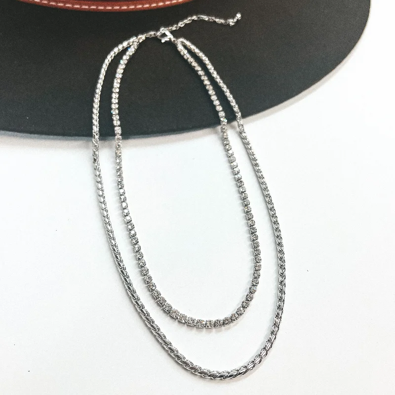 Double Layered Braid Chain Necklace with Rhinestones in Silver