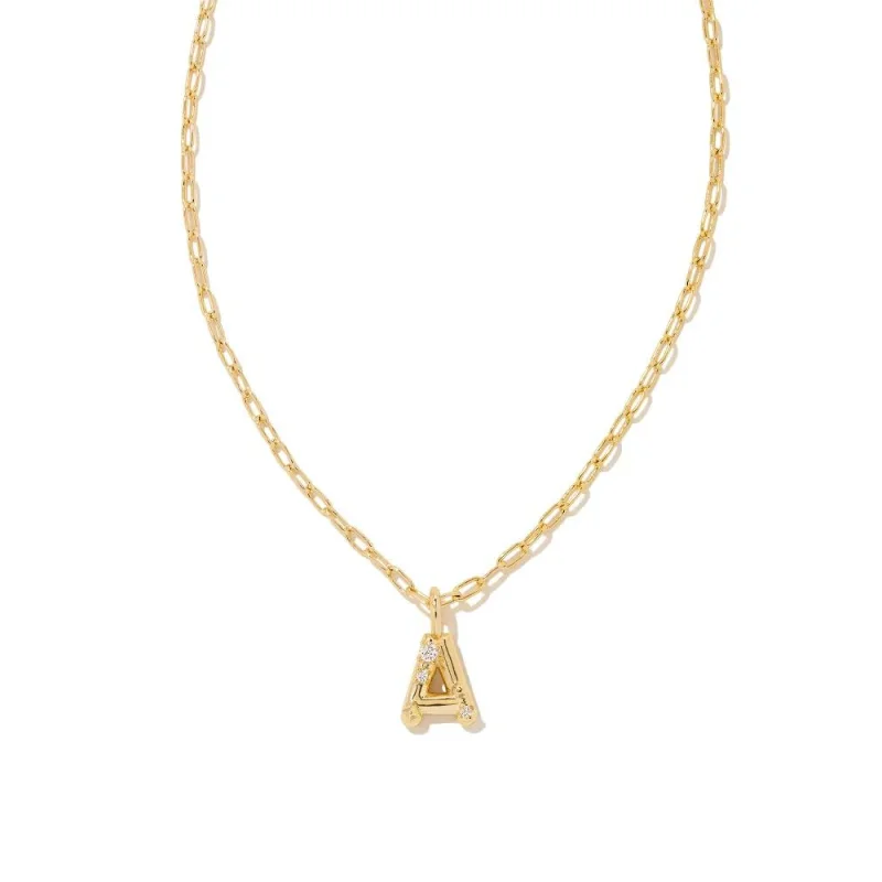 Kendra Scott | Crystal Initial Letter Gold Short Pendant Necklace in White Crystal