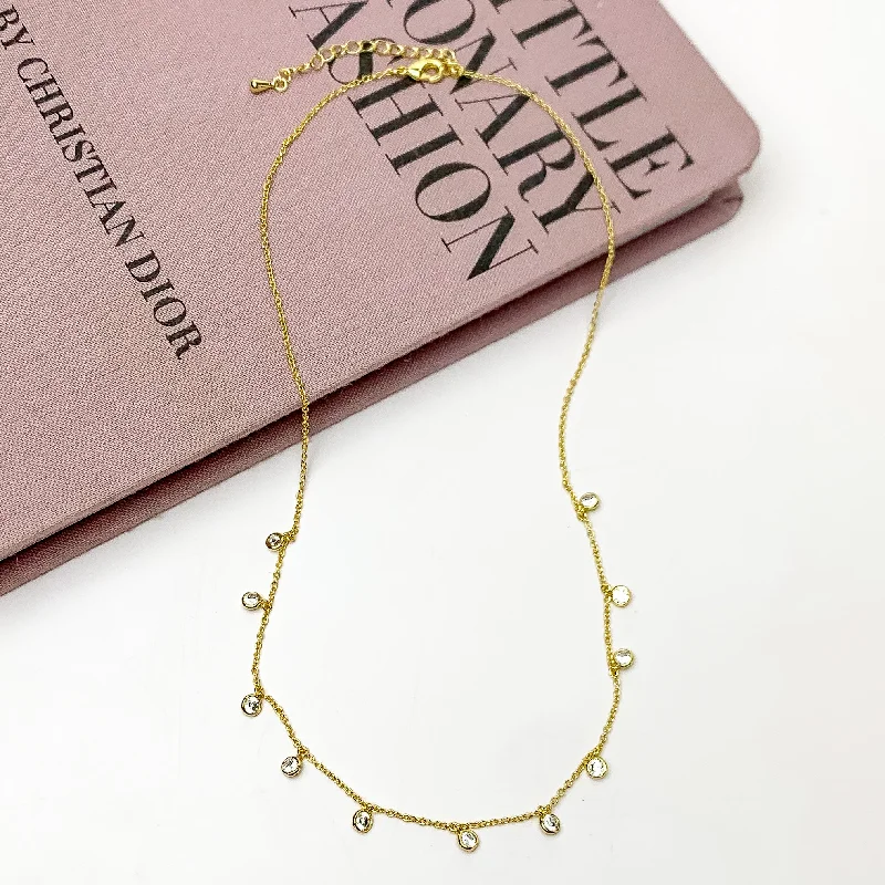 Gold Tone Simple Necklace With Multiple Clear Crystals