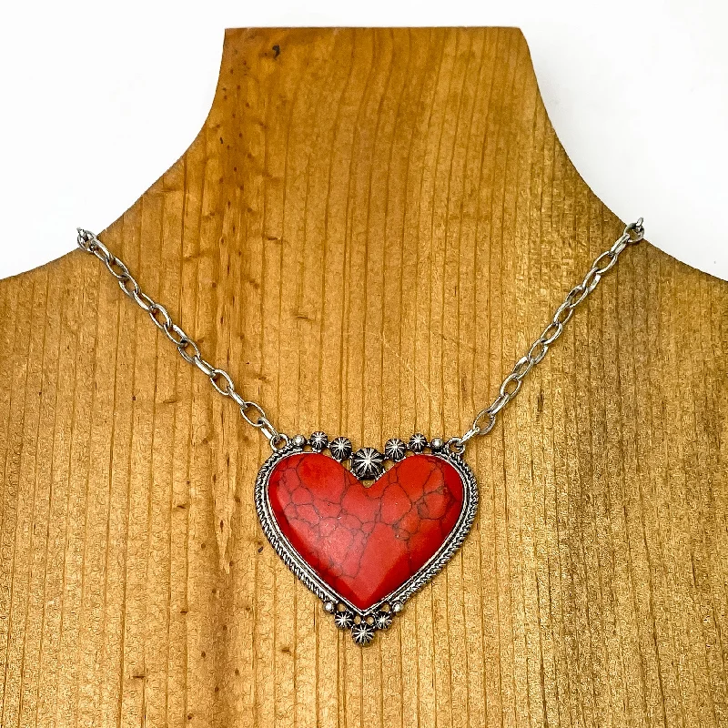 Silver Chain Necklace with Stone Heart Pendant in Red