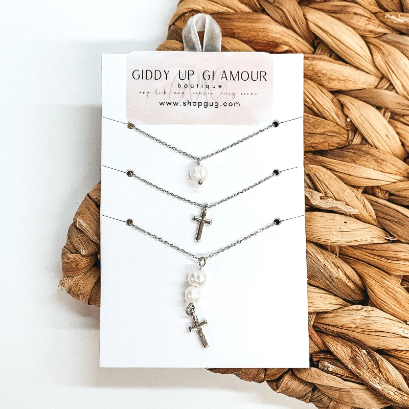 Set of Three | Silver Chain Necklace Set with Cross and Pearl Charms