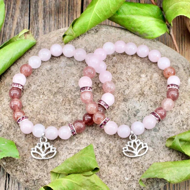 Rose Quartz Strawberry Quartz Bracelet with Lotus Charm