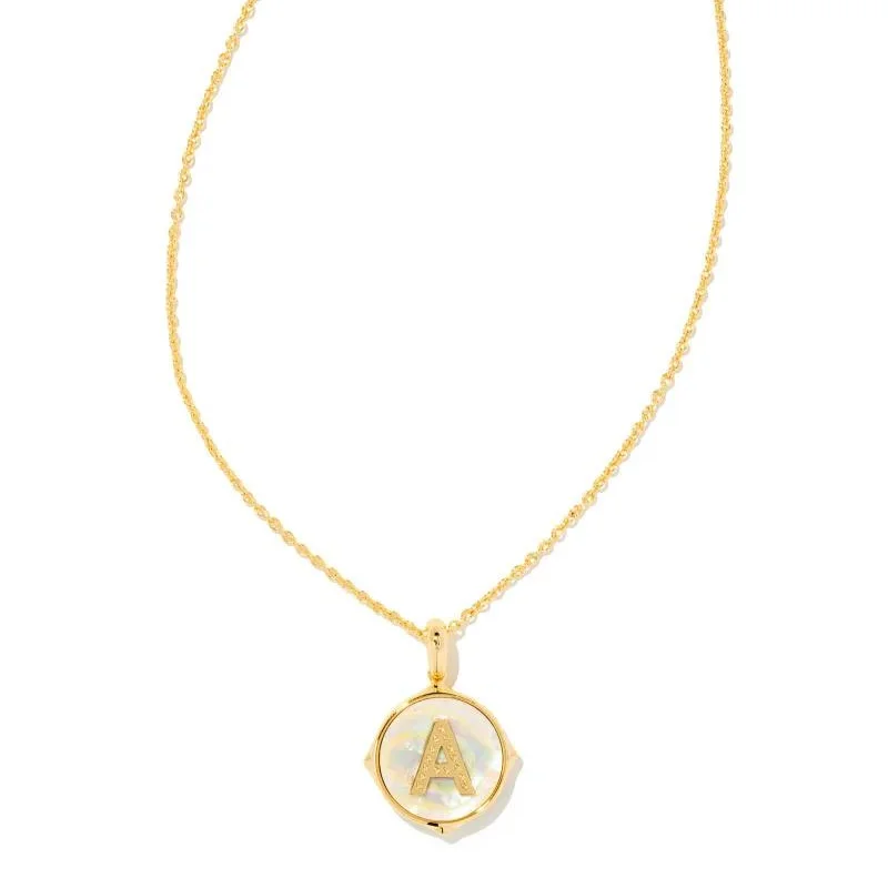 Kendra Scott | Initial Letter Gold Disc Reversible Pendant Necklace in Iridescent Abalone