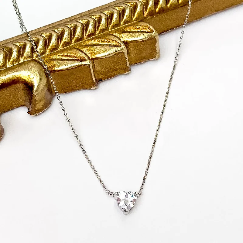 Silver Tone Necklace with CZ Heart Crystal Pendant