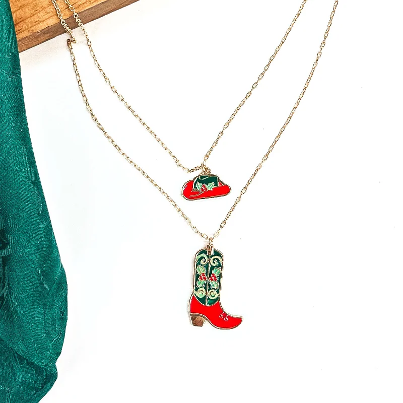 Away For The Winter Double Strand Gold Tone Necklace with Hat and Boot Mistletoe Print Pendant in Red and Green