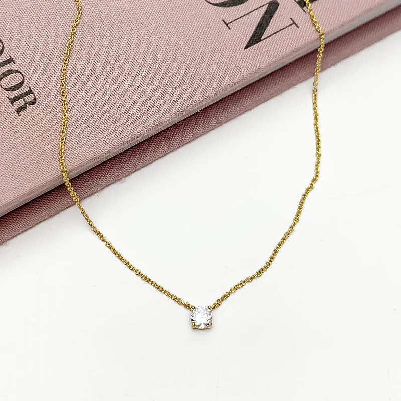 Gold Tone Simple Necklace With Clear Crystal